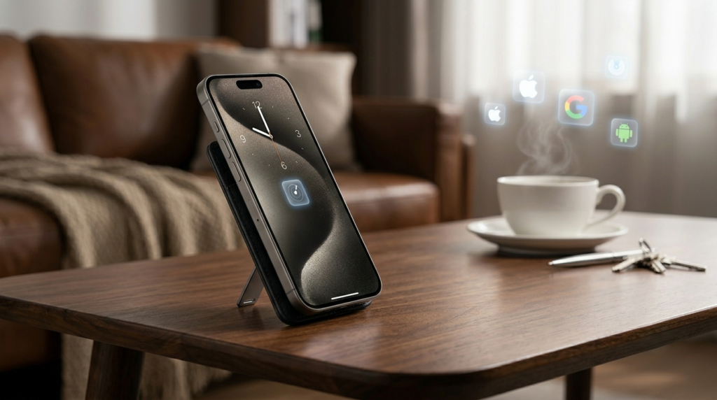 An iPhone propped up vertically using the ESR Geo Wallet Stand kickstand on a table.
