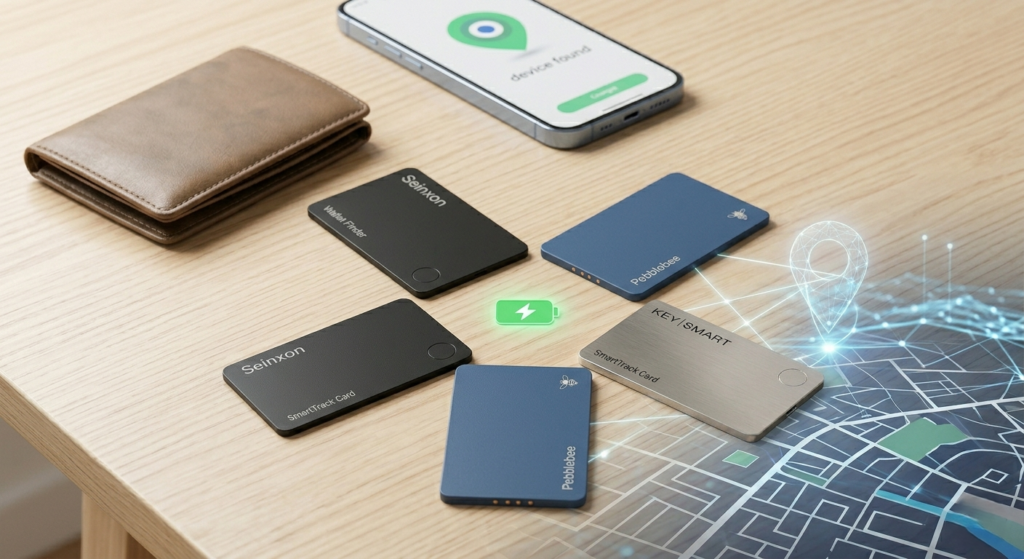 Rechargeable smart wallet finder cards with a smartphone tracking app.