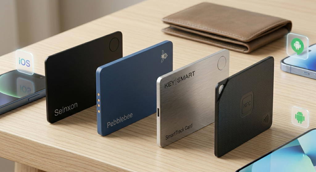 Side view of ultra-thin rechargeable smart tracking cards showing thickness.