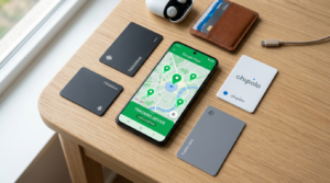 Best Android compatible wallet trackers laid out next to a smartphone showing a tracking map.