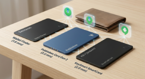 Best rechargeable wallet tracker cards with a leather bifold wallet on a desk