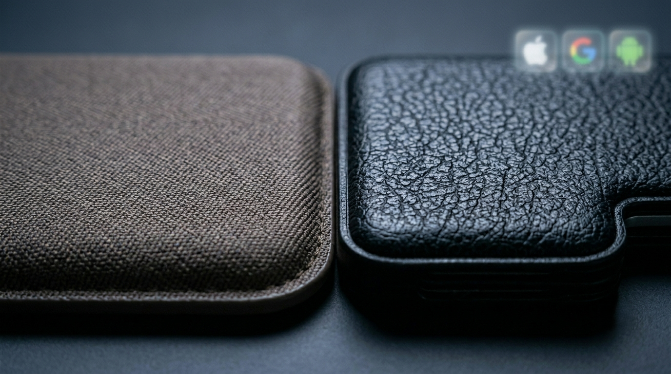 Texture and material comparison between Apple FineWoven fabric and ESR vegan leather.
